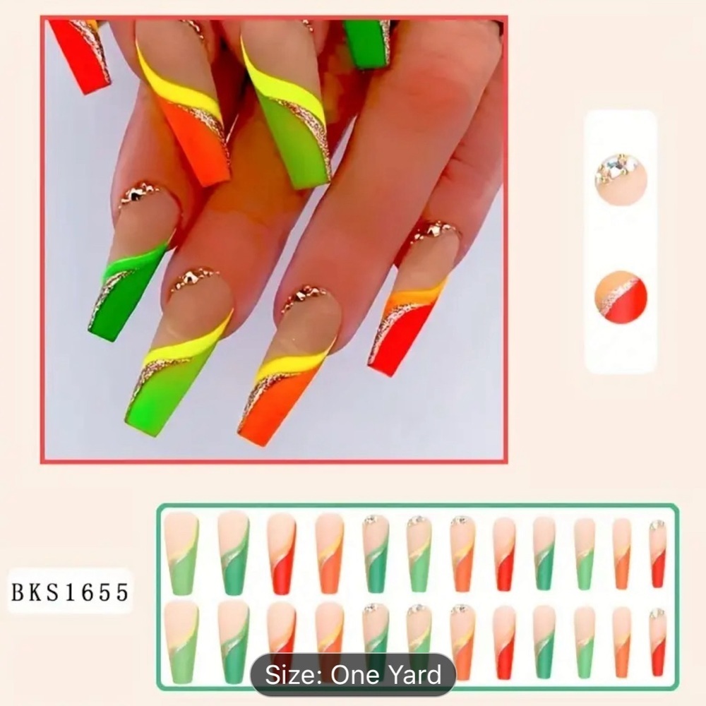 24 pcs Colorful Coffin Press On Nails with Rhinestones and Glitter - Picture 2 of 5